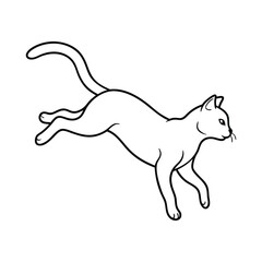 Line art depicts a cat leaping It has a curved body extended legs an upturned tail and a defined head with details like ears and whiskers