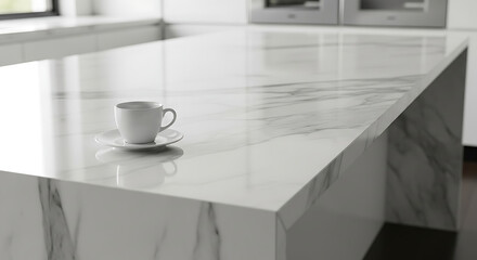 Wide landscape view of a clean, white marble kitchen island countertop. Only a single white espresso cup and saucer are positioned on the surface.