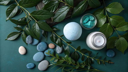 Spa and beauty products arranged with natural elements and smooth stones