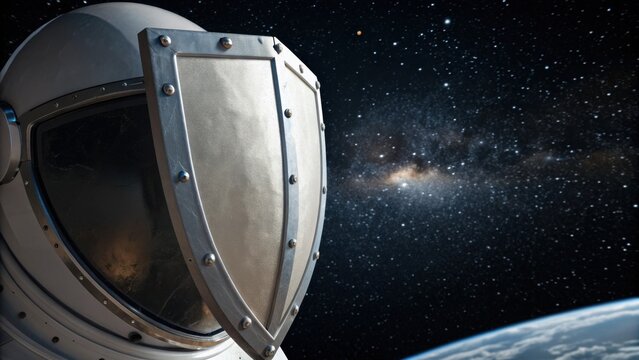 An astronaut helmet with a metallic shield against a backdrop of stars and Earth, symbolizing exploration and protection in space. - Powered by Adobe