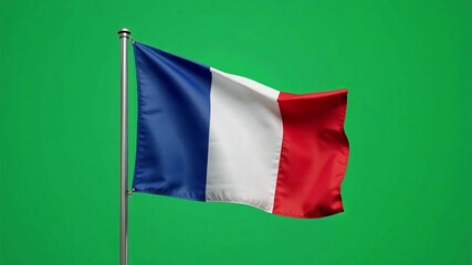 Vibrant French flag waves dynamically in crisp 4K, symbolizing national pride and unity against a fresh green backdrop, perfect for patriotic themes and celebrations. - Powered by Adobe
