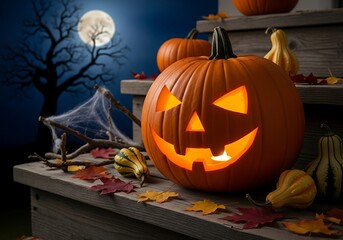 Obraz premium Spooky Halloween jack-o'-lantern glowing on a porch step with autumn decorations under a full moon at night.