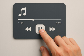 Finger pressing pause button on modern music player interface