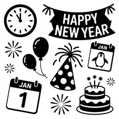 Collection of new years eve celebration icons including a clock, balloons, party hat, cake, and calendars, , representing festive elements for welcoming the new year