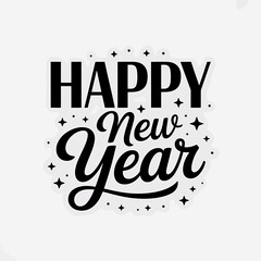 Happy new year text with a mix of modern and script font, surrounded by stars and sparkles