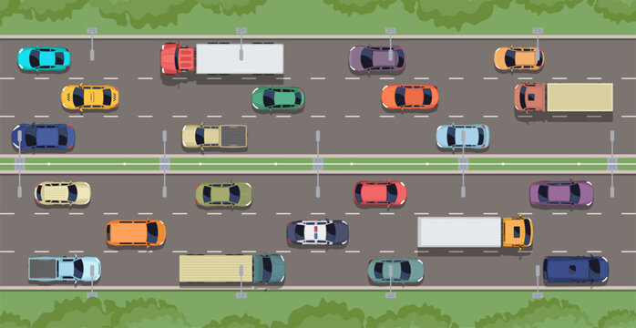 Top view of multiple colorful cars and trucks on a multi-lane highway during rush hour traffic congestion. Vector Illustration