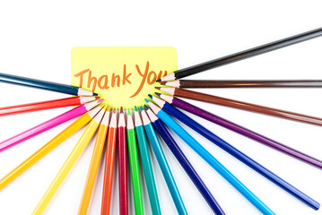 Thank You Colors: Color Pencils Arranged Around Sticky Note Message in Celebration of Gratitude