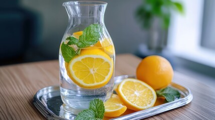 Fototapeta premium Carafe of citrus infused water with mint on silver tray