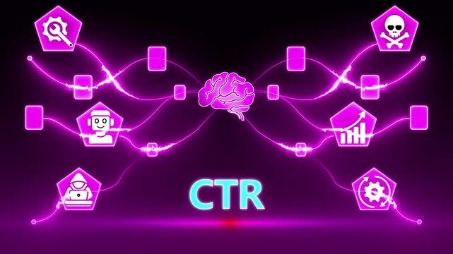 Pink Glowing CTR Acronym Connected to Brain and Business Icons on Dark Background click through rate