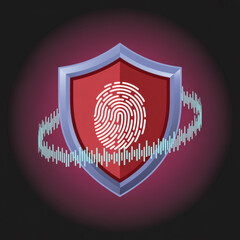 Digital security shield with a fingerprint and a glowing data stream protecting personal information and identity