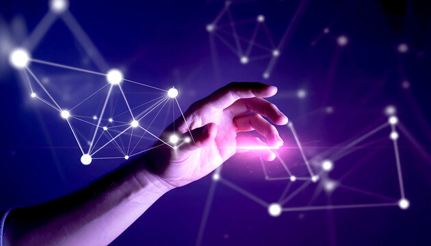 The scientist explores the digital world using a microscope, clock, and tablet to connect with global science and futuristic technology