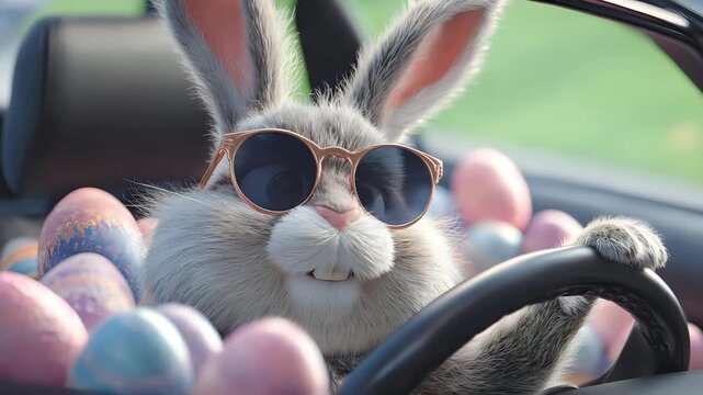 Cool Easter bunny with sunglasses sitting on the drivers seat of a car, paws on the steering wheel with pastel eggs in the backseat