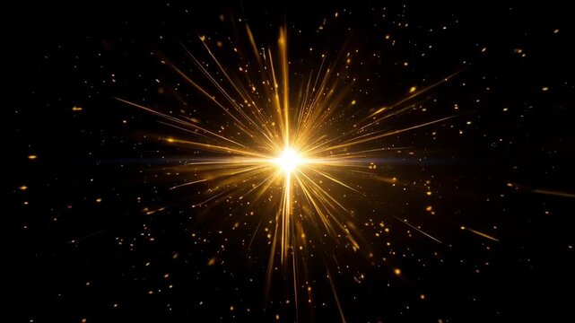 Golden Starburst Explosion With Particles On Black Background And Lens Flare