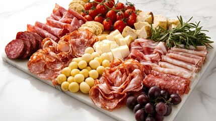 Assorted finger foods displayed on a marble tray with a variety of items