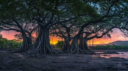 Fototapeta premium Ancient Banyan Trees Silhouetted Against the Sunset Sky