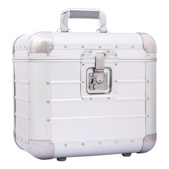 Metal Storage Case with Handle Isolated on White Background, Protective Aluminium Equipment Box, product packaging, travel gear, protective equipment cases, industrial design, and branding visuals