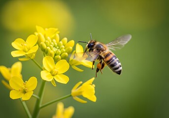 A busy bee collecting nectar from bright yellow flowers in a field, its wings blurred with motion as it hovers midair