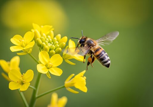 A busy bee collecting nectar from bright yellow flowers in a field, its wings blurred with motion as it hovers midair - Powered by Adobe