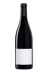 Premium red wine bottle mockup with blank label and black cap isolated on white, ideal for branding, packaging design, product presentation, and advertising visuals for wineries or luxury drinks