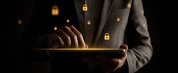 Businessman using a tablet in a dark environment, security concept