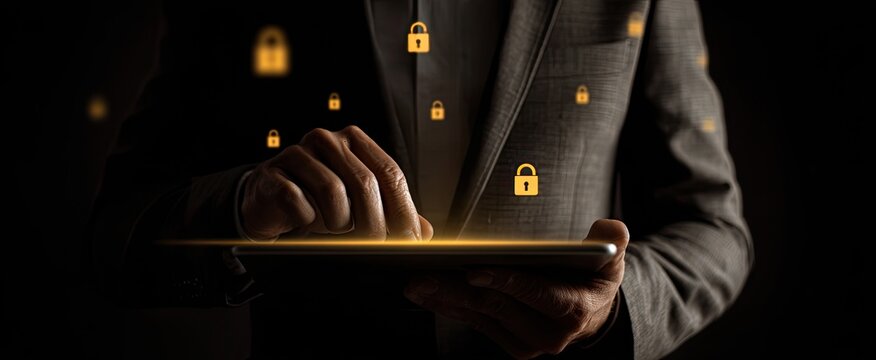 Businessman using a tablet in a dark environment, security concept - Powered by Adobe