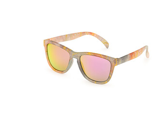 Trendy sunglasses with a marble-patterned frame and pink mirrored lenses isolated on white background. Stylish summer eyewear for fashion, beach, and lifestyle concepts.