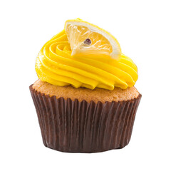 A deliciously decorated lemon cupcake with bright yellow frosting and a candied lemon slice topping on a dark background
