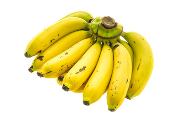 A bunch of ripe yellow bananas with brown spots against a solid black background