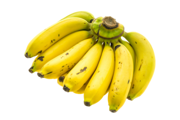 A bunch of ripe yellow bananas with brown spots against a solid black background