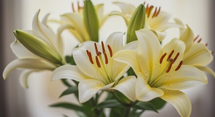 Fototapeta premium 柔らかな自然光が優しく照らす優雅な白い百合の輝く花束 繊細な花びらが純粋な清らかさで輝き鮮やかな金色の雄しべが際立つ 美しくぼかされた背景がこの穏やかなクローズアップを引き立てる. AI Generated