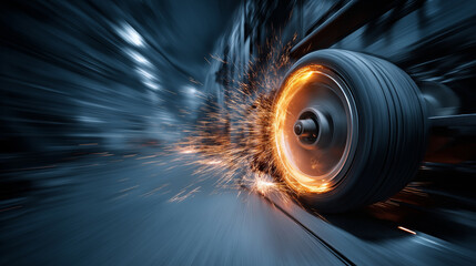 High-angle view of a tire testing machine in action, sparks and movement blur, technical process shown