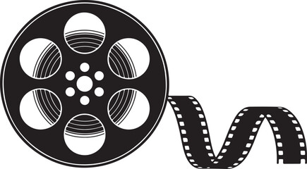 Black and white graphic illustration of a film reel with film strip cinema movie