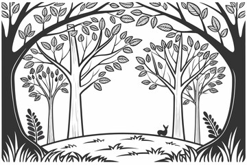 Stylized black and white forest scene with trees and a rabbit nature woodland