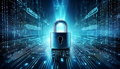 internet security padlock over binary code glowing in digital background