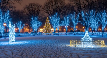 雪化粧した夜の公園が幻想的な青い光で彩られきらめくクリスマスツリーと木々が息をのむ美しさで冬の魔法を織りなす. AI Generated
