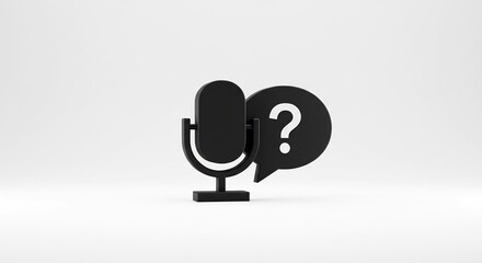 明るく清らかな空間に浮かぶ黒いマイクと疑問符の吹き出しが音声による質問や知的な情報検索を鮮やかに表現する洗練されたミニマルな3Dアイコン. AI Generated