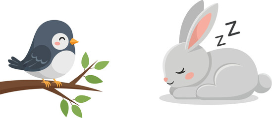 Bird rabbit cartoon cute animal nature spring illustration branch sleep zen