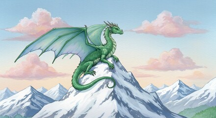 淡い朝焼けにきらめく薄桃色の雲が浮かぶ広大な空の下エメラルドグリーンの鱗が鮮やかに光る巨大な翼を広げた神秘的なドラゴンが雪化粧を施され高くそびえ立つ峻厳な山々の最高峰に悠然と腰を下ろしその眼差しで広がる壮大な幻想世界を静かに深く見守る息をのむ絶景. AI Generated