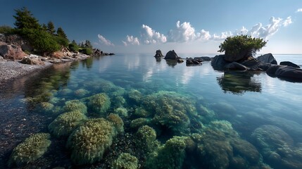 A serene seascape where the ocean meets the tranquil shoreline, the calm waters reflecting the rich underwater flora and fauna beneath, creating a peaceful marine scene.