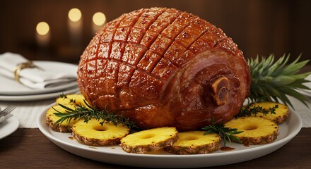 温かいろうそくの光に照らされた輝くグレイズドハムと焼いたパイナップルを添えた美しいホリデー料理. AI Generated