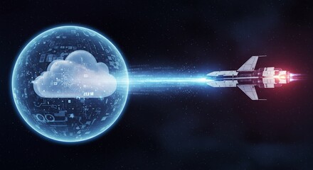 煌めく青い光が導く未来高速ロケットがデジタルクラウド球体へデータを瞬時に転送暗闇に輝く技術革新のビジュアル表現. AI Generated