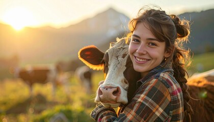 Happy young woman farm worker smiling and hugging a cow, symbolizing care, compassion, and animal health in modern livestock farming