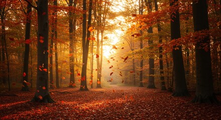 夕暮れの静かな秋の森で紅葉がひらひらと舞い落ちる中奥から差し込む黄金色の柔らかな光が木々を優しく照らし地面を温かく染め上げる幻想的な光景. AI Generated