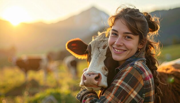 Happy young woman farm worker smiling and hugging a cow, symbolizing care, compassion, and animal health in modern livestock farming