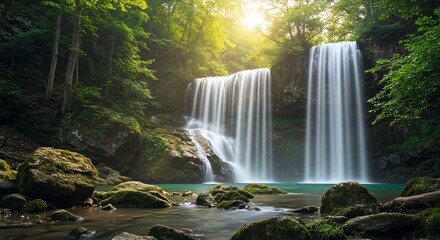 輝く朝陽が深い緑の森の木々を通して優しく降り注ぎ苔むした岩肌を力強く滑らかに流れ落ちる壮大な二段の滝長時間露光で創られた絹のような水流が清らかな水面と相まって幻想的な自然美を織りなす息をのむような風景. AI Generated