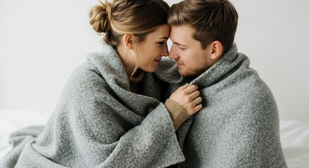 優しい自然光が包み込む部屋で一枚の毛布にくるまり見つめ合う穏やかで幸せそうなカップル. AI Generated