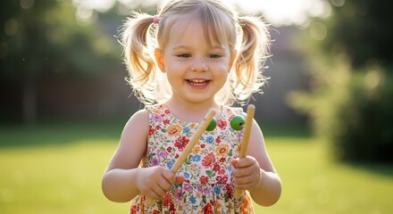 夏の明るい日差しが降り注ぐ午後柔らかな金色の逆光に包まれ輝く笑顔の幼い女の子木製楽器を手に楽しそうに遊び無邪気な喜びを全身で表現する素敵な瞬間. AI Generated
