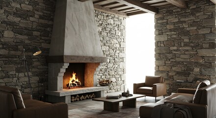 揺らめく炎が温かく照らす堂々たる石造りの暖炉が中央にある居心地良いリビング空間 石壁と木の梁が特徴の自然素材が優しく調和しモダンな家具が配された落ち着いた癒しの部屋. AI Generated