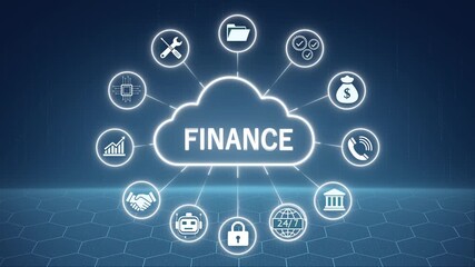 Neon cloud finance network animation. Digital data connection interface. Futuristic technology communication system. Ai and cloud computing concept. Secure information and 4k animated motion video - Powered by Adobe