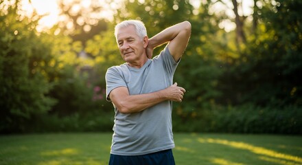 緑豊かな公園で健康的にストレッチするシニア男性 柔らかな夕日がアクティブな高齢者の姿を優しく包む. AI Generated